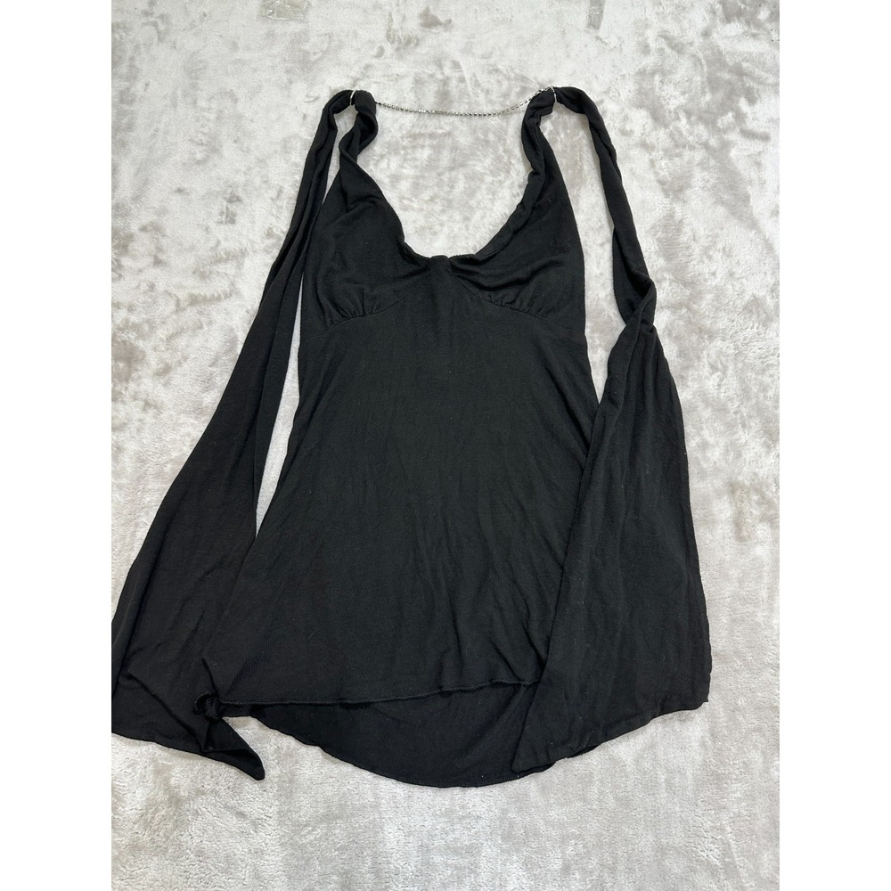 Ruth Y2K Black Halter Top Rhinestone Chain Draped Scarf Streamer Wings Size XS